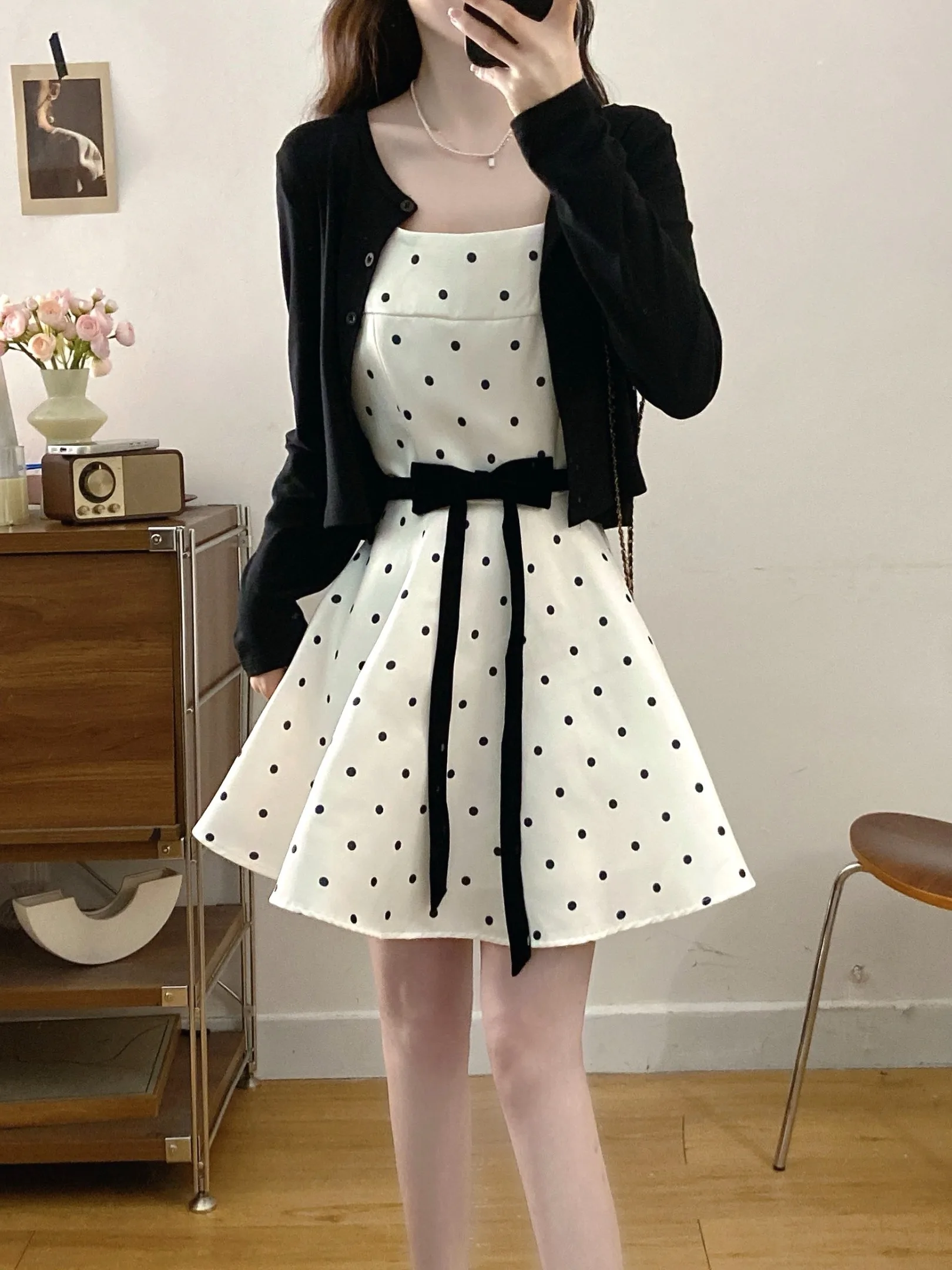 plus Size Women's Summer Polka Dot Belted Halter Dress with Bow Tie Waist Cinching Long Dress Korean Style Commute Wind