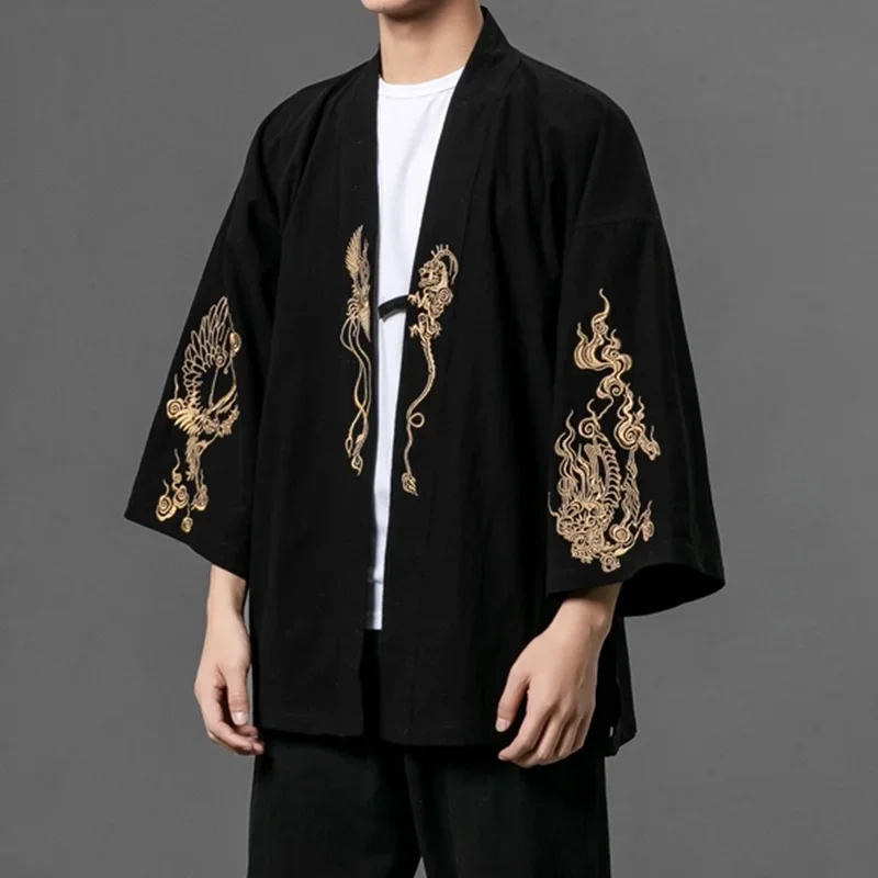 Quimonos japoneses tradicionais para homens, haori, loja chinesa online, Yukata, bordado preto, roupas asiáticas, cardigan, camisa, FF2803