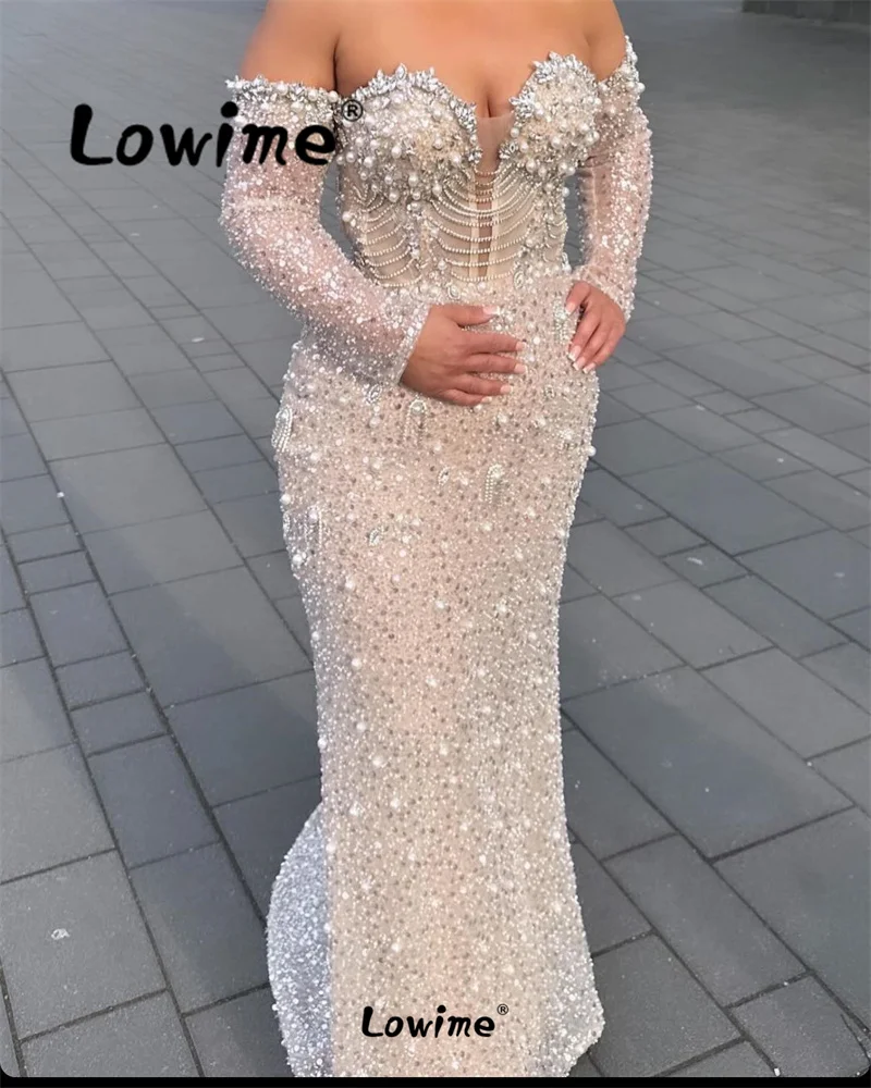 Lowime Arabic Party Dresses Mermaid Long Sleeves Woman Evening Gowns 2024 Tassel Crystals Pearl Beaded Prom Dress Robe De Soiree