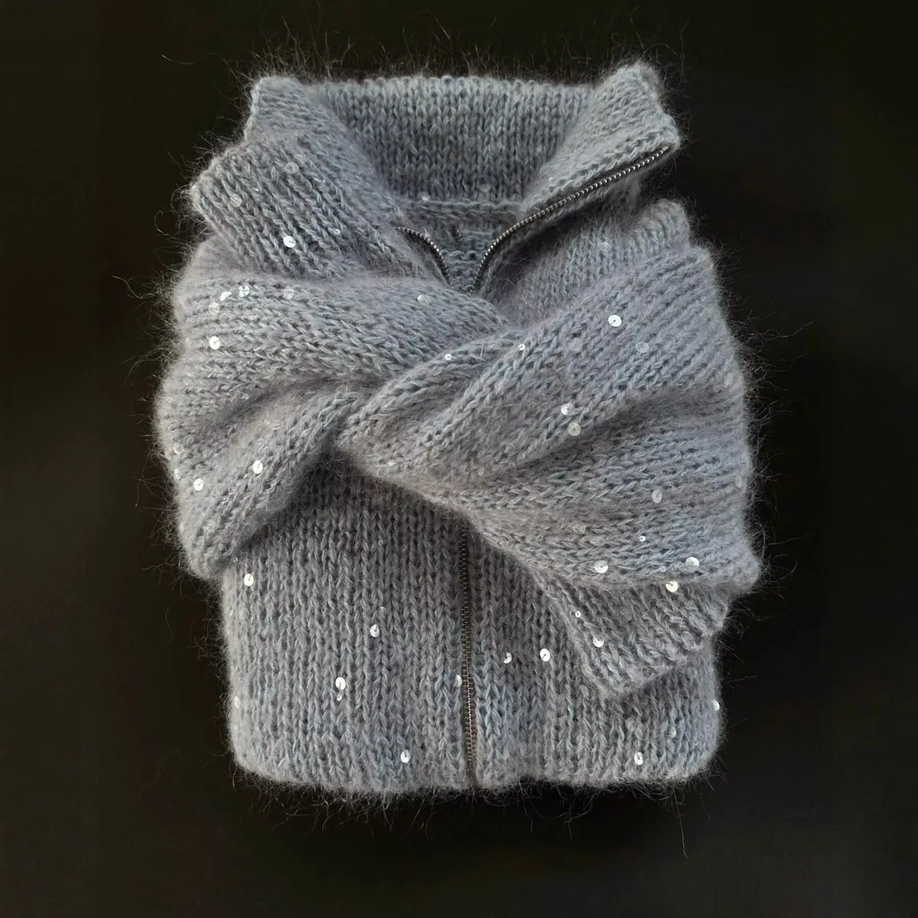 Fashion Women's Shiny Sequin Knit  Tops Loose Fluffy Glitter Lapel Zipper  Cardigan Knitwear 2026 New Spring Casual Sweater
