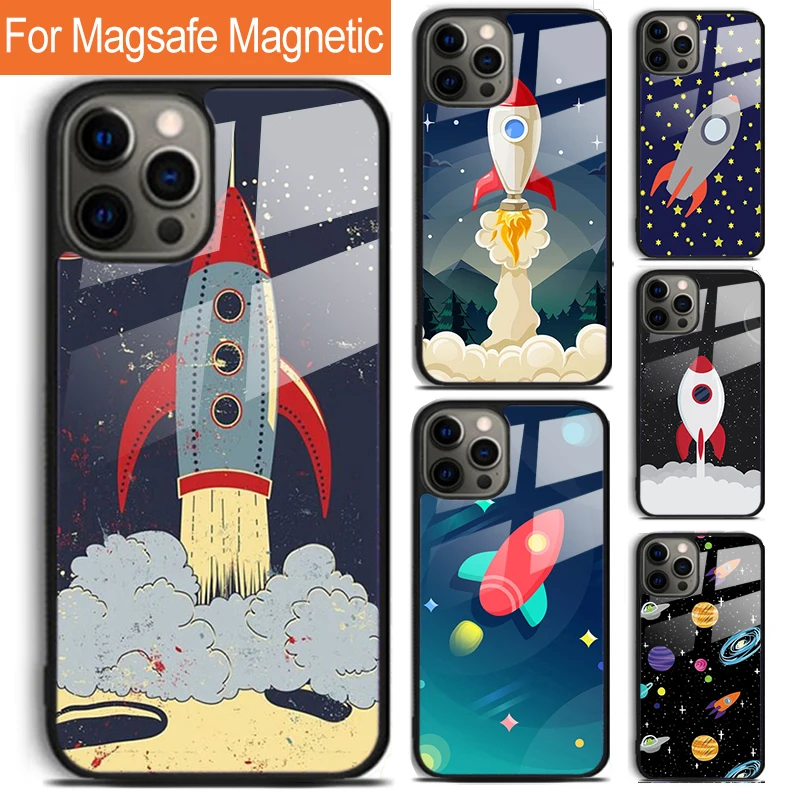 Cartoon Rocket Phone Case For iPhone 16 15 14 13 12 11 Pro Max Plus Magsafe Magnetic Wireless Charging Cover