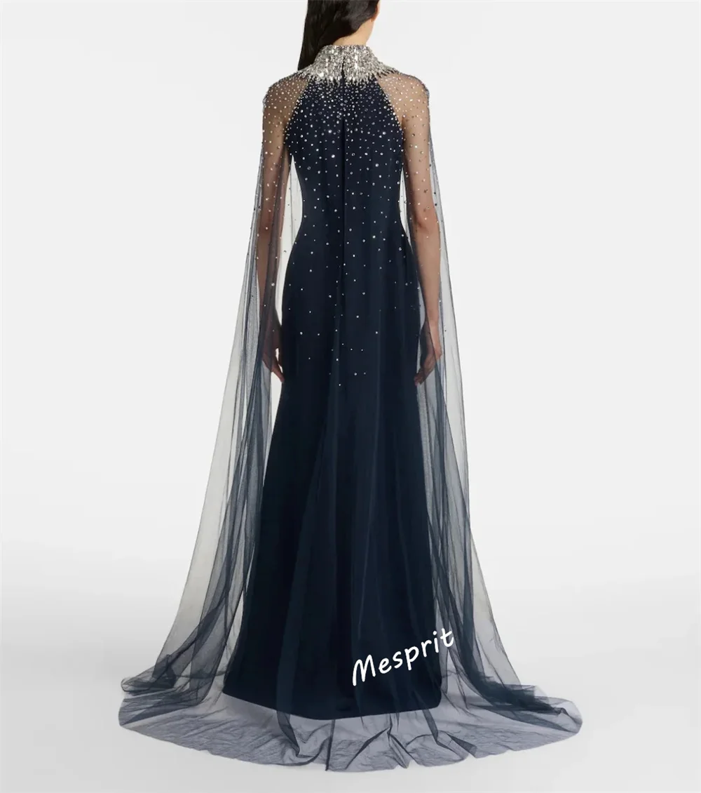 فستان سهرة فاخر مخصص بحجر الراين بياقة عالية بدون أكمام فساتين طويلة على شكل بوق مناسبة حسب الطلب فستان المشاهير للحفلات