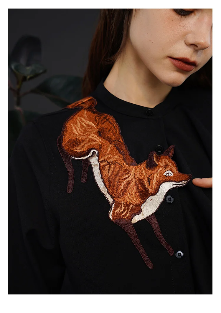 

88-96cm Bust Spring Autumn Original Design Women Vintage Fox Embroidery Stand Collar Asymmetrical Wavy Ruffle Shirts/Blouses
