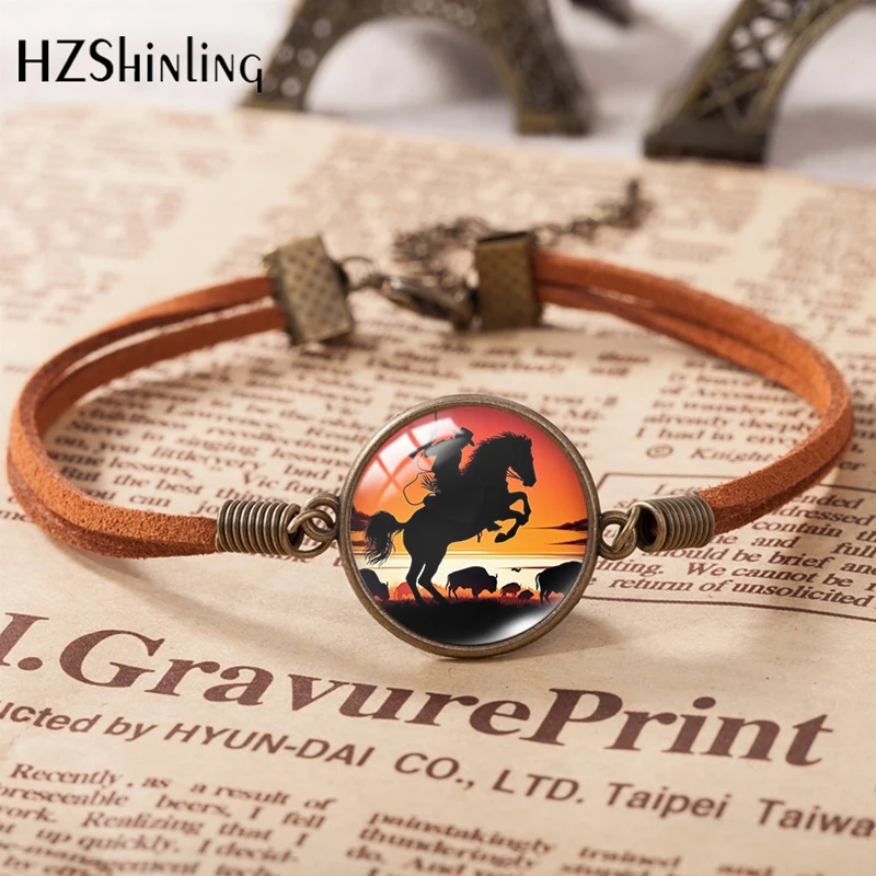 Cowboy Horse Riding Vitality bracciale sportivo in pelle stampata bracciale rotondo con ciondolo a cupola in vetro