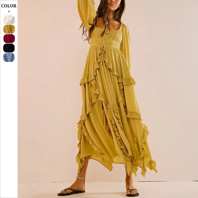 

Summer Boho Vintage Beach Dress Long Sleeve High Waist Long Dresses Boho Style Solid Color Lace Ruffled Sundress Mujer Vestidos