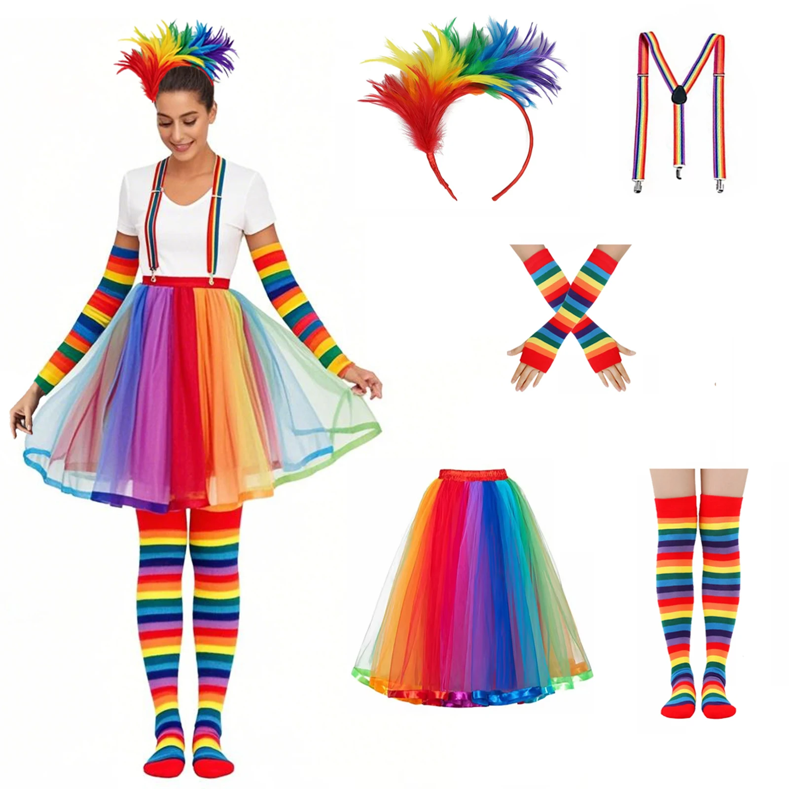 Rainbow Headband Strap Sleeve Cover Socks Rainbow Long Dress,3pcs/5pcs,Suitable for Halloween Carnival Party Cosplay Dress Up