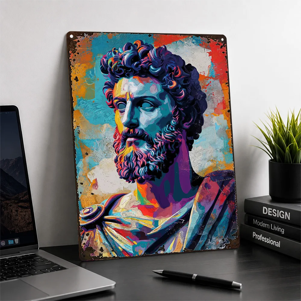 Classical Philosopher Bust Textured Metal Poster Colorful Painting Wall Art For Lounge Personalized Aluminum Sign Collector Gift