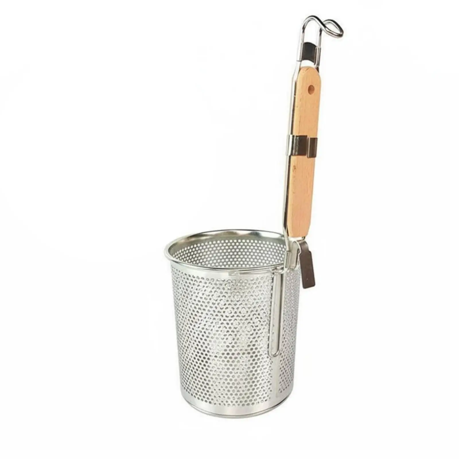 Heavy Duty Kitchen Strainer Spoon for Pasta Noodle Colander with Long Wood Handle Stainless Steel Food Basket