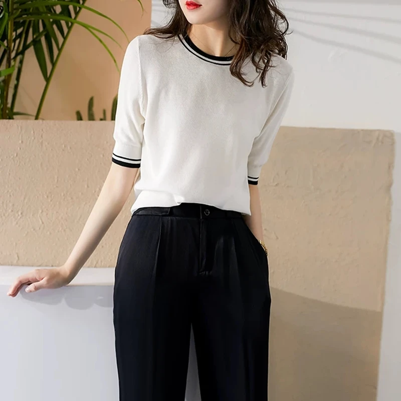 Temperament  wind ice silk knit short sleeve women thin osmanthus needle pure cotton line T shirt summer bottom jacket