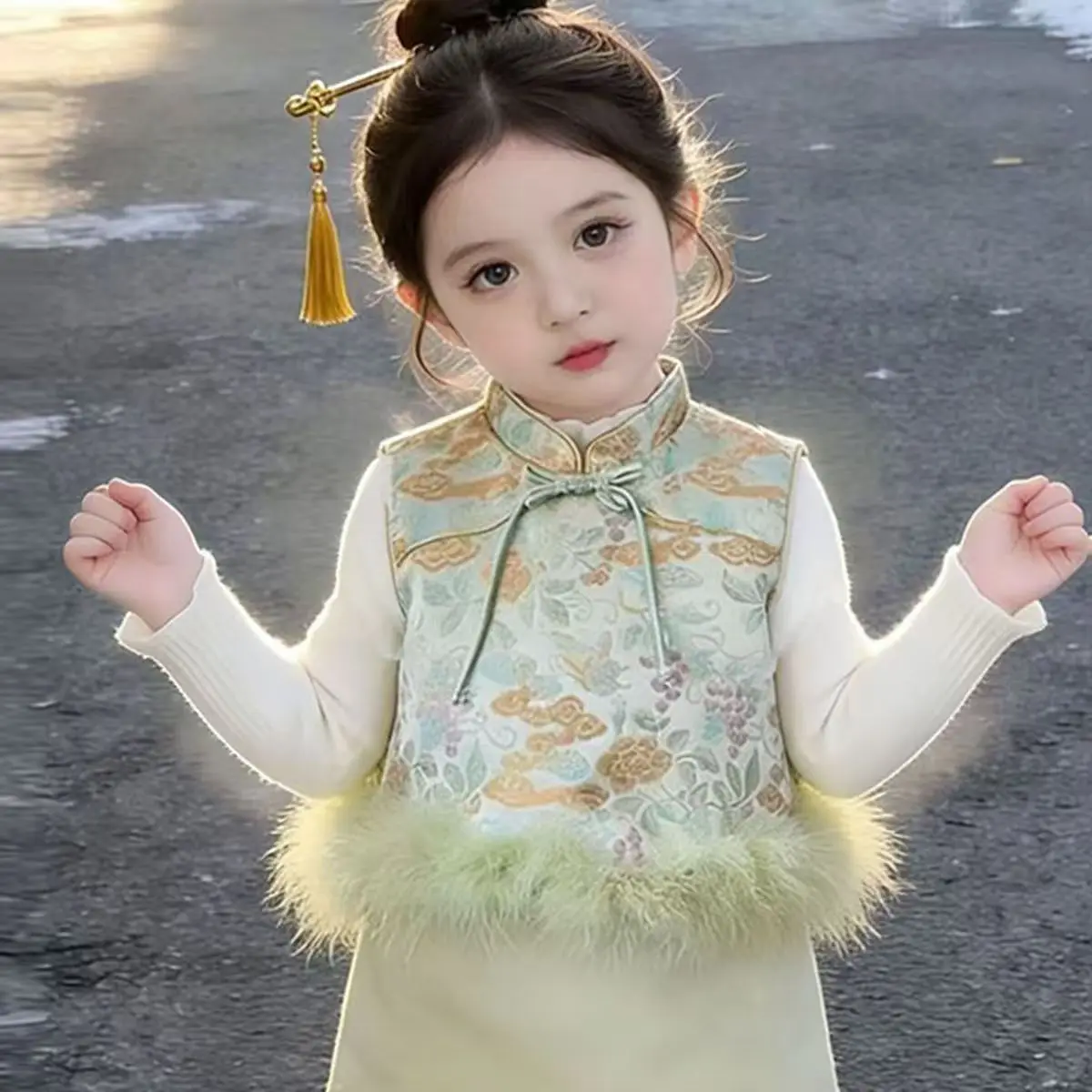 Girls' New Year Set Green Jacquard Cheongsam Vest Chinese Style Vest Woolen Skirt Two-piece Set