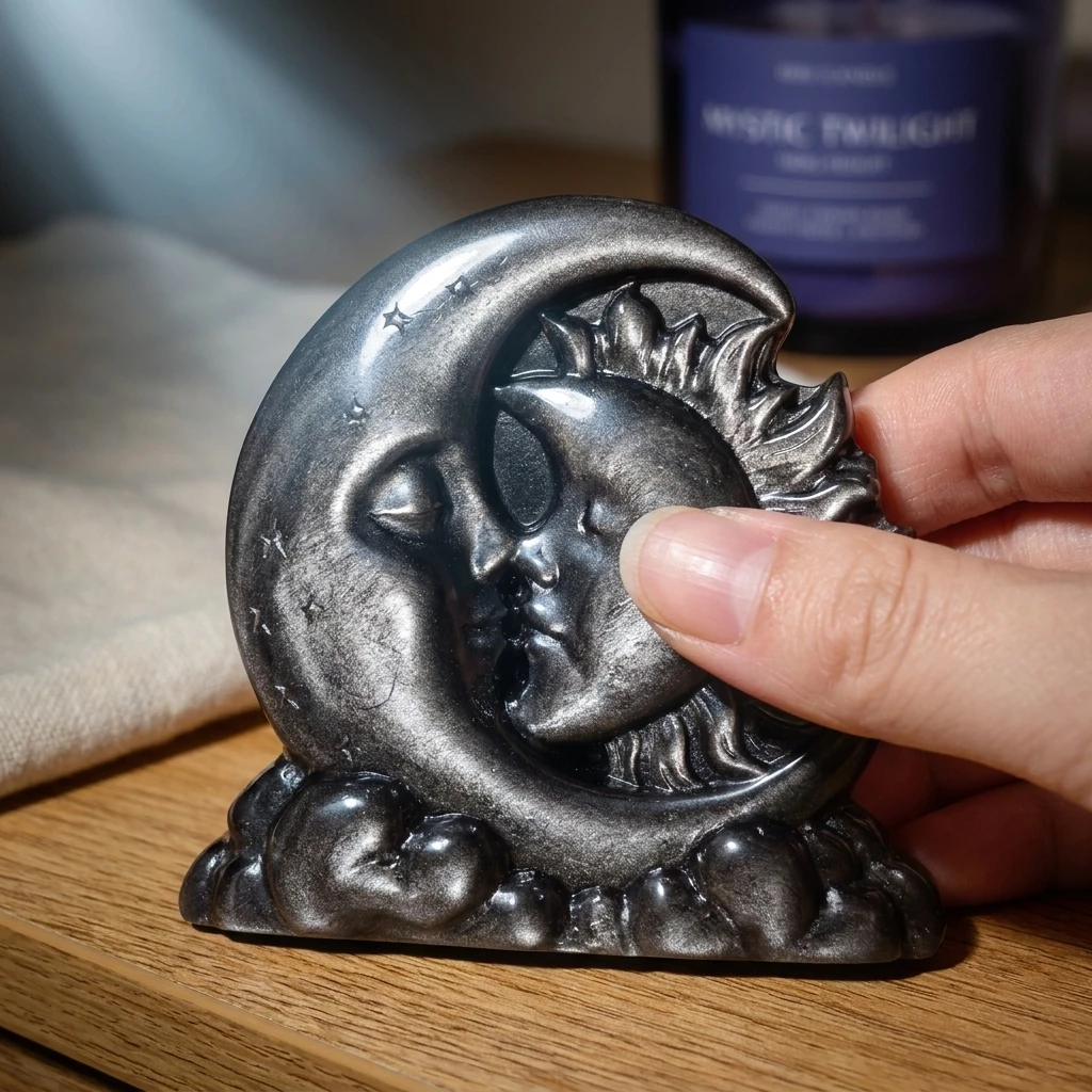 Natural Silvery Sheen Obsidian Sun and Moon Figurine Hand Carved Crystal Home Decor Reiki Healing Gift