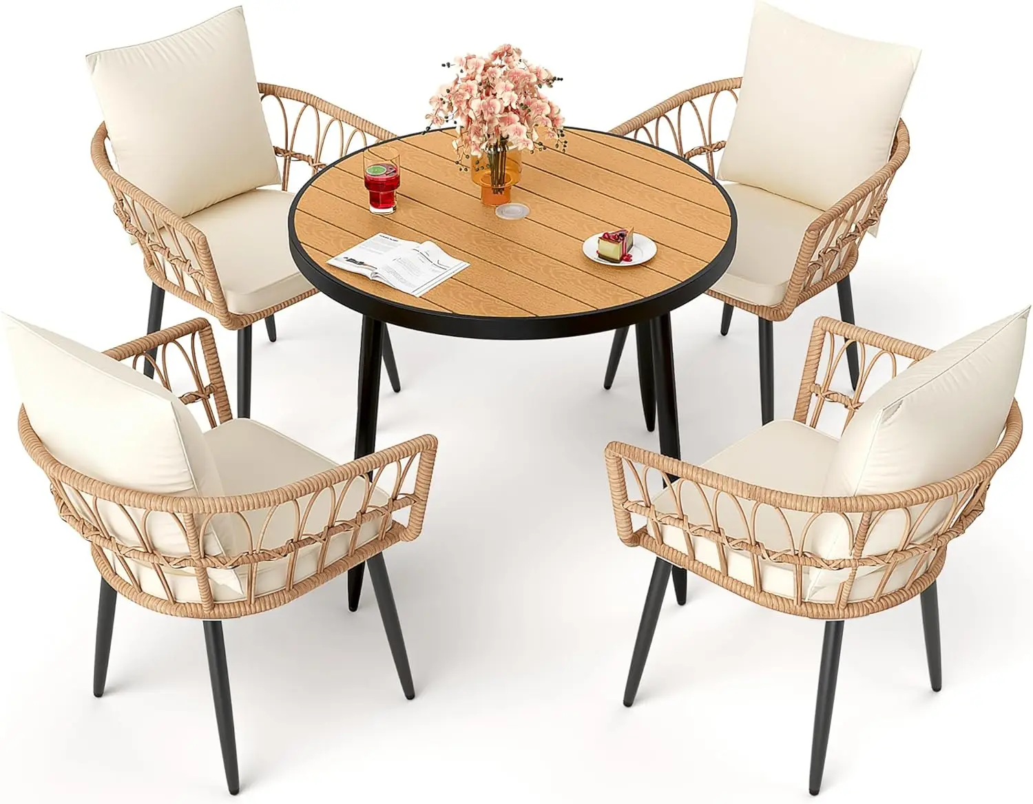 5 Pieces Patio Dining Set,All-Weather PE Rattan Patio Furniture Set with Wood Table Top, Outdoor Table and Chairs with with Remo