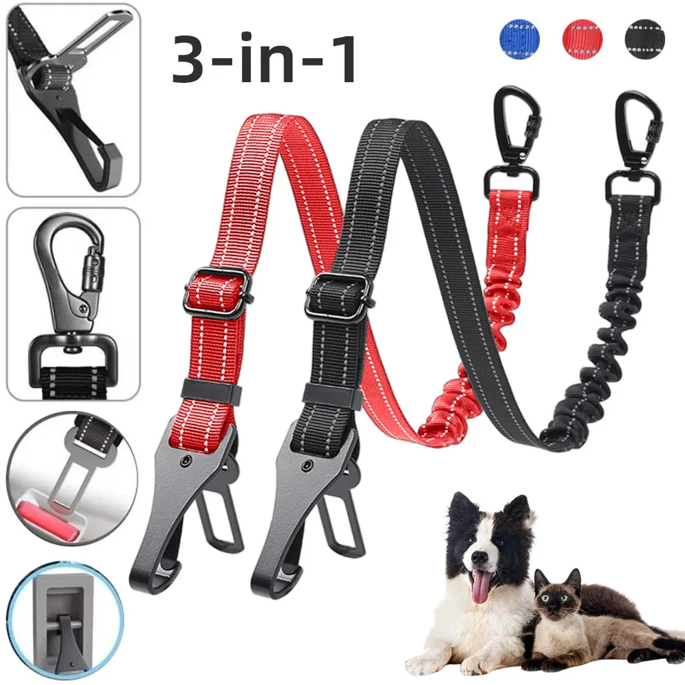 Seatbelt Updated 3-in-1 Adjustable Reflective Nylon Pet Leash Vehicle Safety Rope Harness with Swivel Carabiner For All Size