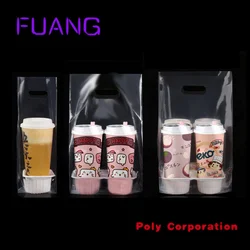 Custom  Costom logo packaging takeaway cup carrier printed bubble tea PP/PLA bags cup holder plastic bag