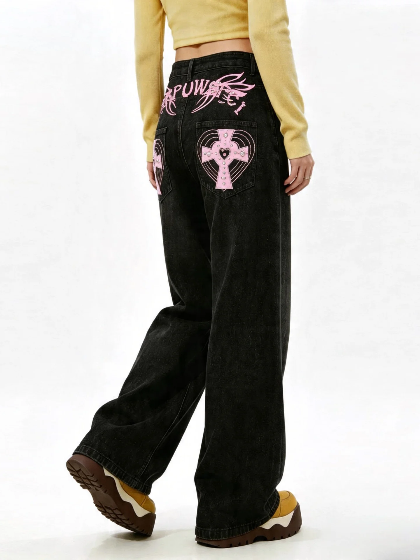 

American Design Sense Embroidered Rivet Denim Jeans Men Women Black Slimming Wide Leg Knife Micro Flared Long Trousers