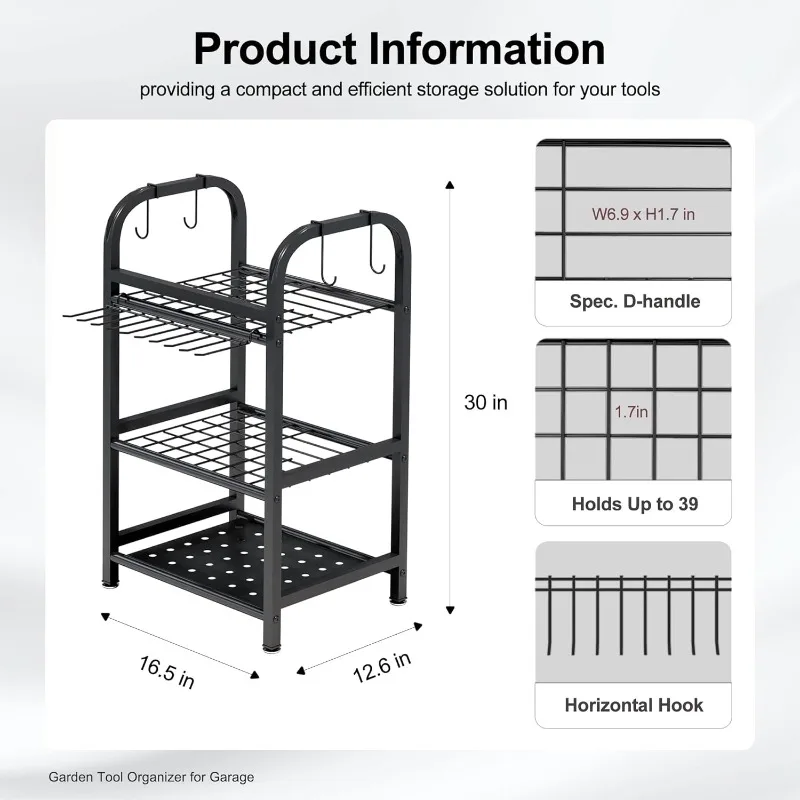 Garage Organization, Shed, Outdoor, Yard Tool Organizer Holds Up to 39, Shovels, Rakes, Brooms, Black Metal Garden Tool Storage