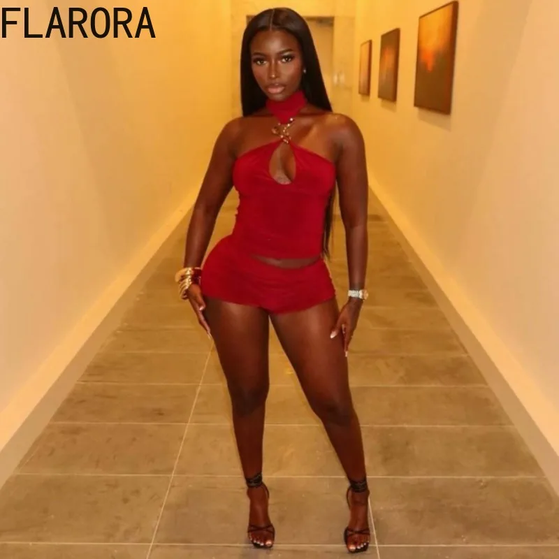 

FLARORA Fashion Y2K 2 Piece Set Woman Halter Sleeveless Hollow Out Backless Slim Crop Tops And Shorts Summer Vacation Clubwearar
