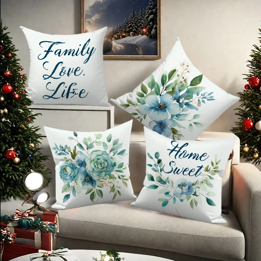 4 Piece Decorative Pillow Covers Set Perfect For Home Decor And Bedding Featuring Charming Watercolor Blue Floral Design And