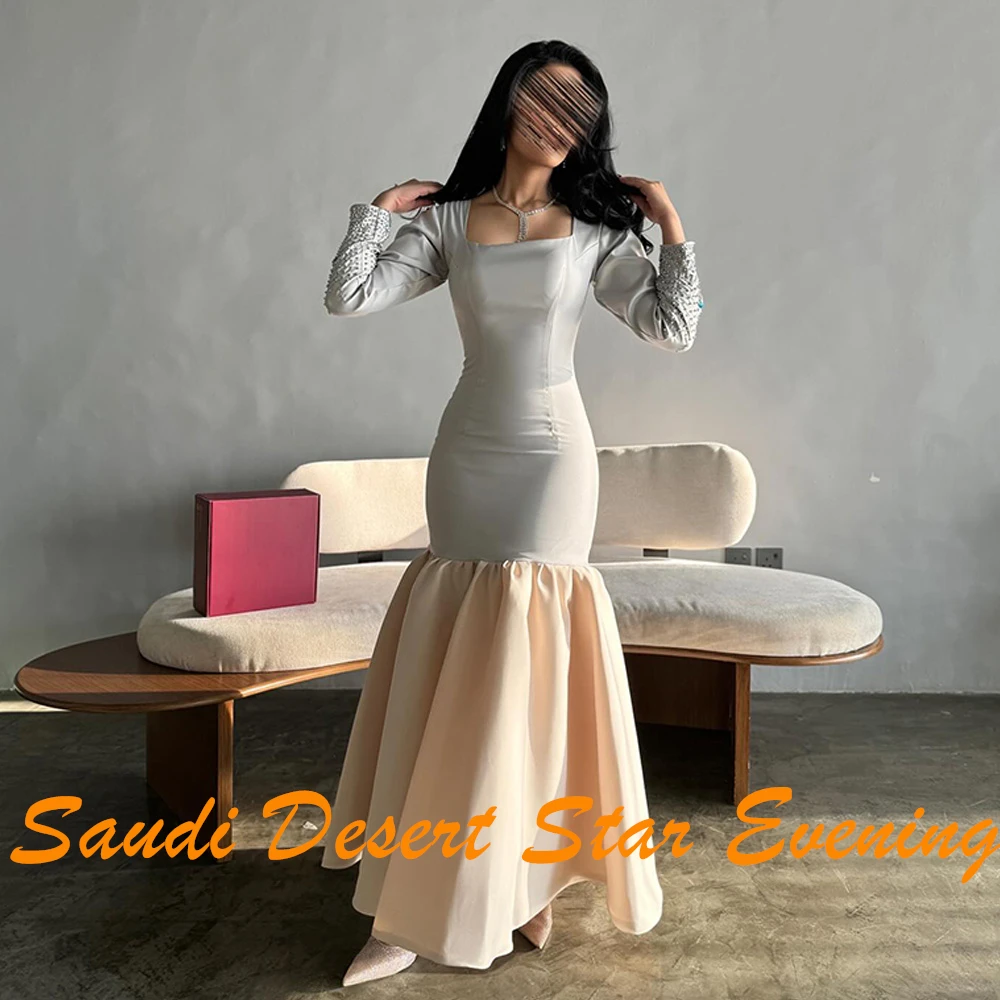 Mermaid Square Neck Satin Long Sleeves Light Blue Graceful and Temperament Evening Dresses Pleats Zipper Back Saudi Arabia 2024