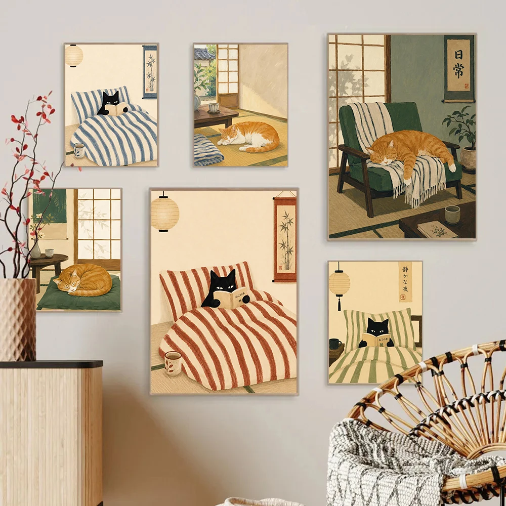 Minimalist Japandi Bedroom Cat Poster Sushi Reading Sleeping Ginger Cat Prints Canvas Painting Wall Art Pictures Home Room Decor