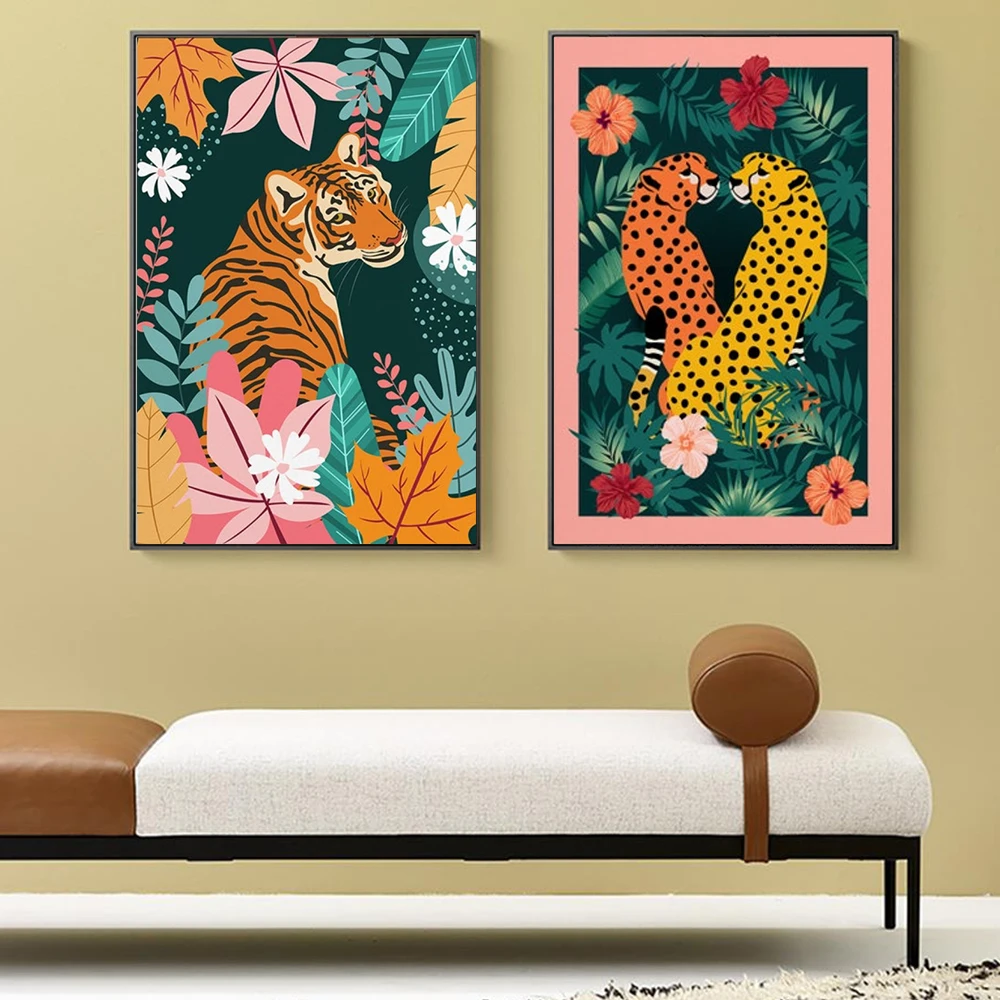 

Cartoon Floral Animal Illustration Poster Prints For Home Decor Abstract Leopard Cheetah Cat Tiger Canvas Painting Wall Art