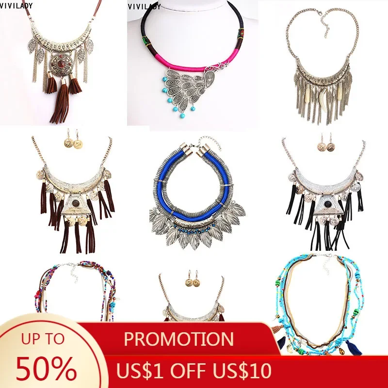 VIVILADY  Vintage Bohemian Handmade Ethnic Multi-layer Tassel Necklace Earrings For Women Luxurious Jewelry Precious Gift Party