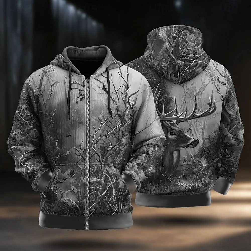 Men's Camo Deer Hoodie Jacket Sweatshirt Fashion Daily Hooded Vacation Hunting Brown Green Drawstring Zipper Fall Winter Hoodie