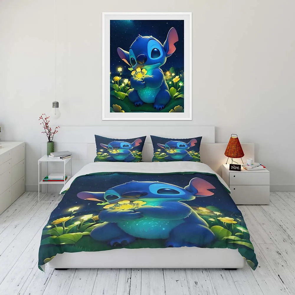 Juego de cama de dibujos animados de Disney Stitch y Lilo para niños, Sábana plana individual, doble, tamaño King, funda nórdica, funda de almohada,