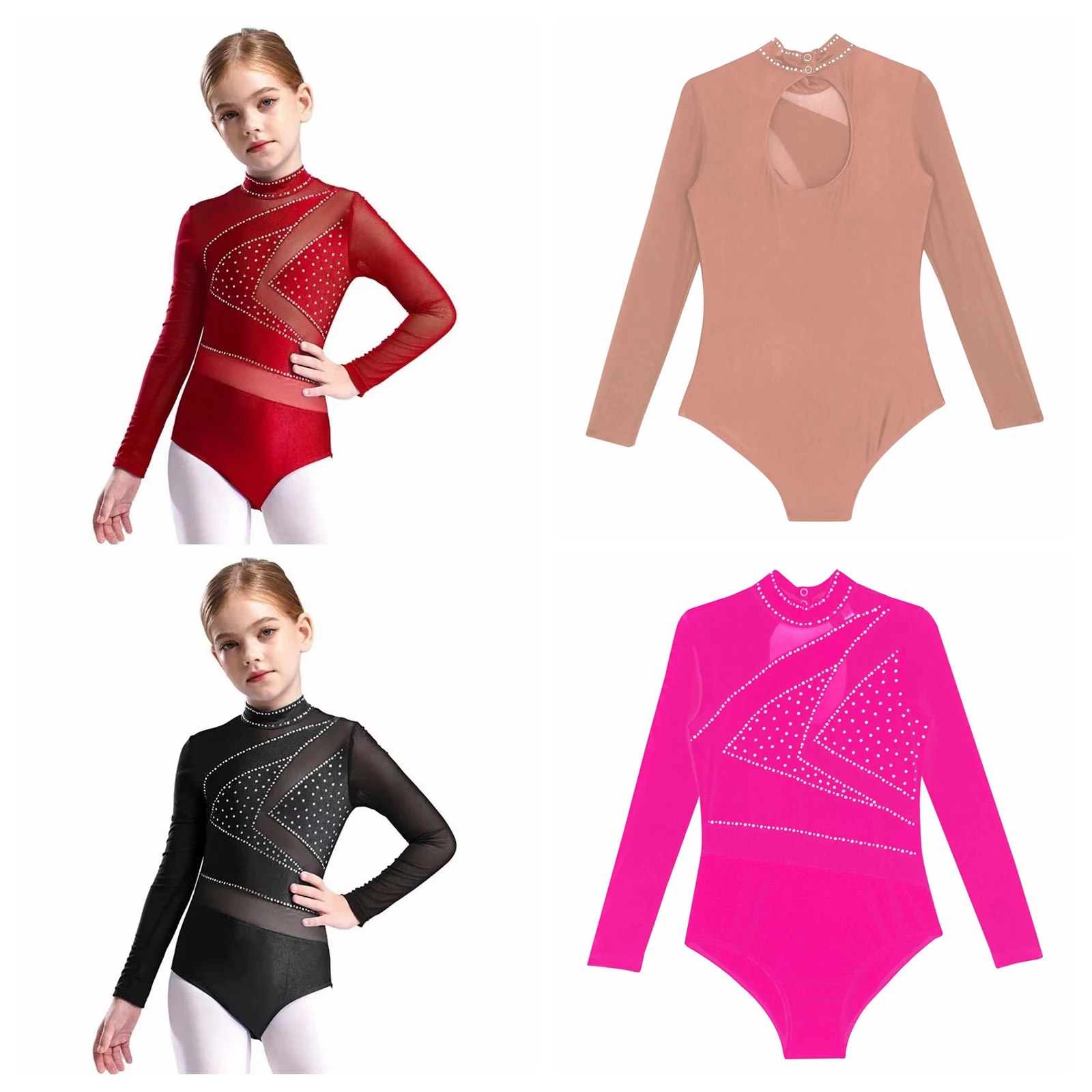 Girls Ballet Jumpsuit Costume Sheer Mesh Tops Long Sleeve Gymnastics Leotard Kids Figure Skating Clothes Children's Bodysuit