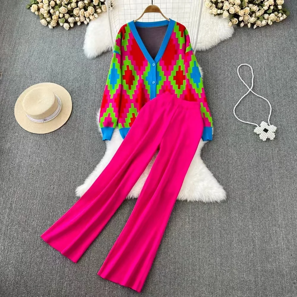 Fashion Set For Women Casual V-Neck Contrasting Knitted Cardigan Top Two Piece Set High Waist Hanging Pants Floor Length Pants