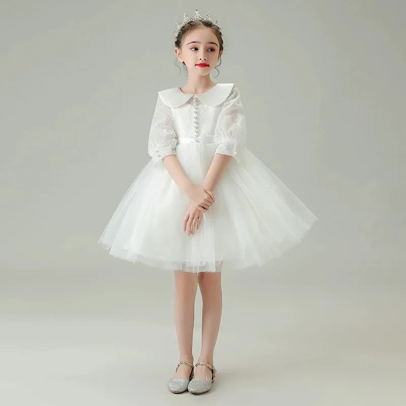 

It's Yiiya Индивидуальные платья с цветочным узором для девочек, белые кружевные короткие пышные рукава, молния сзади, пуговицы, трапециевидные детские платья длиной до колена T131