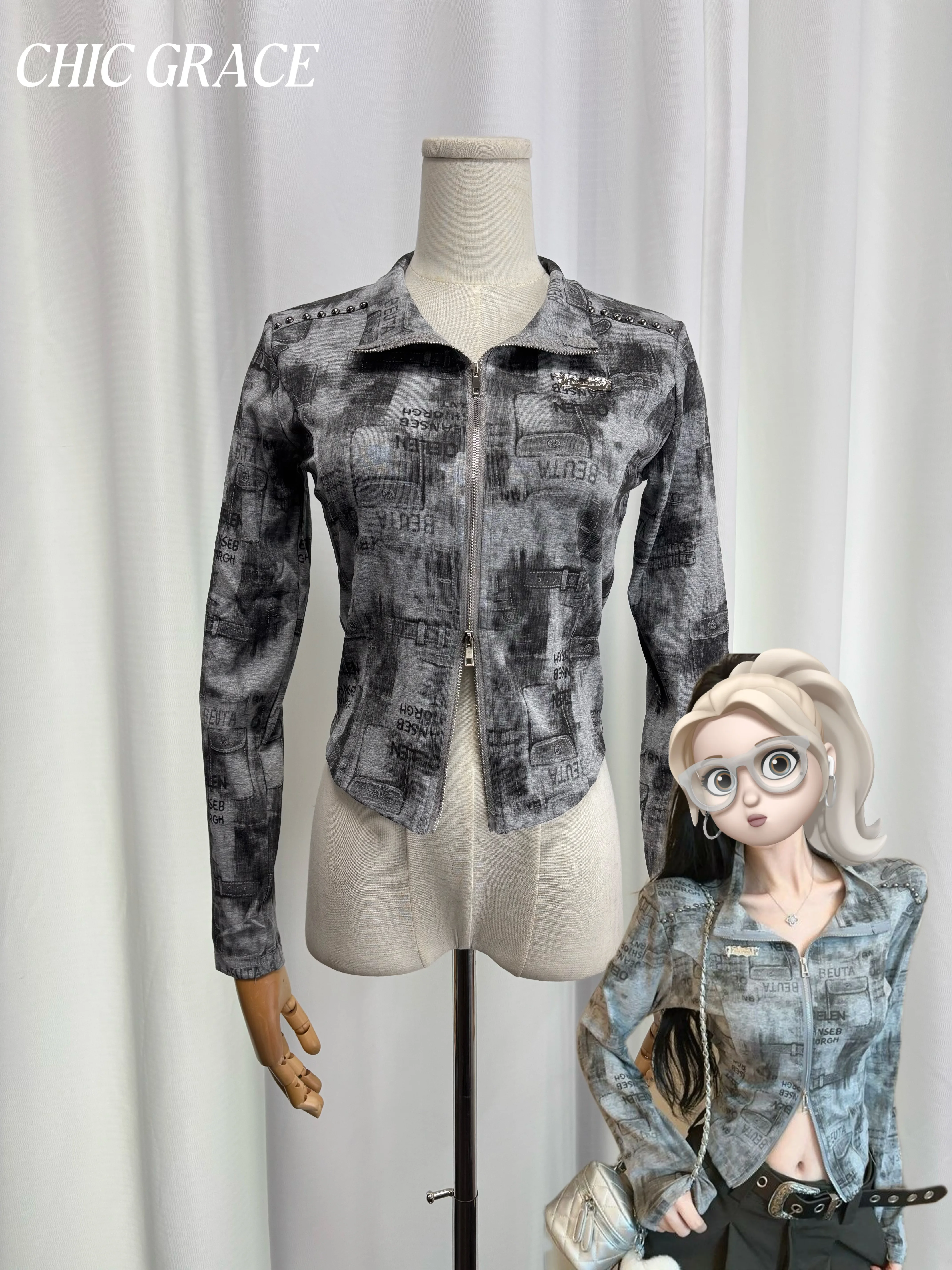 Real shot 2025 Women's American Y2K Vintage Streetwear Tie - dye Chic Zipper Cardigan, Stand Collar, Edgy Rivets Patch, Slim Cro