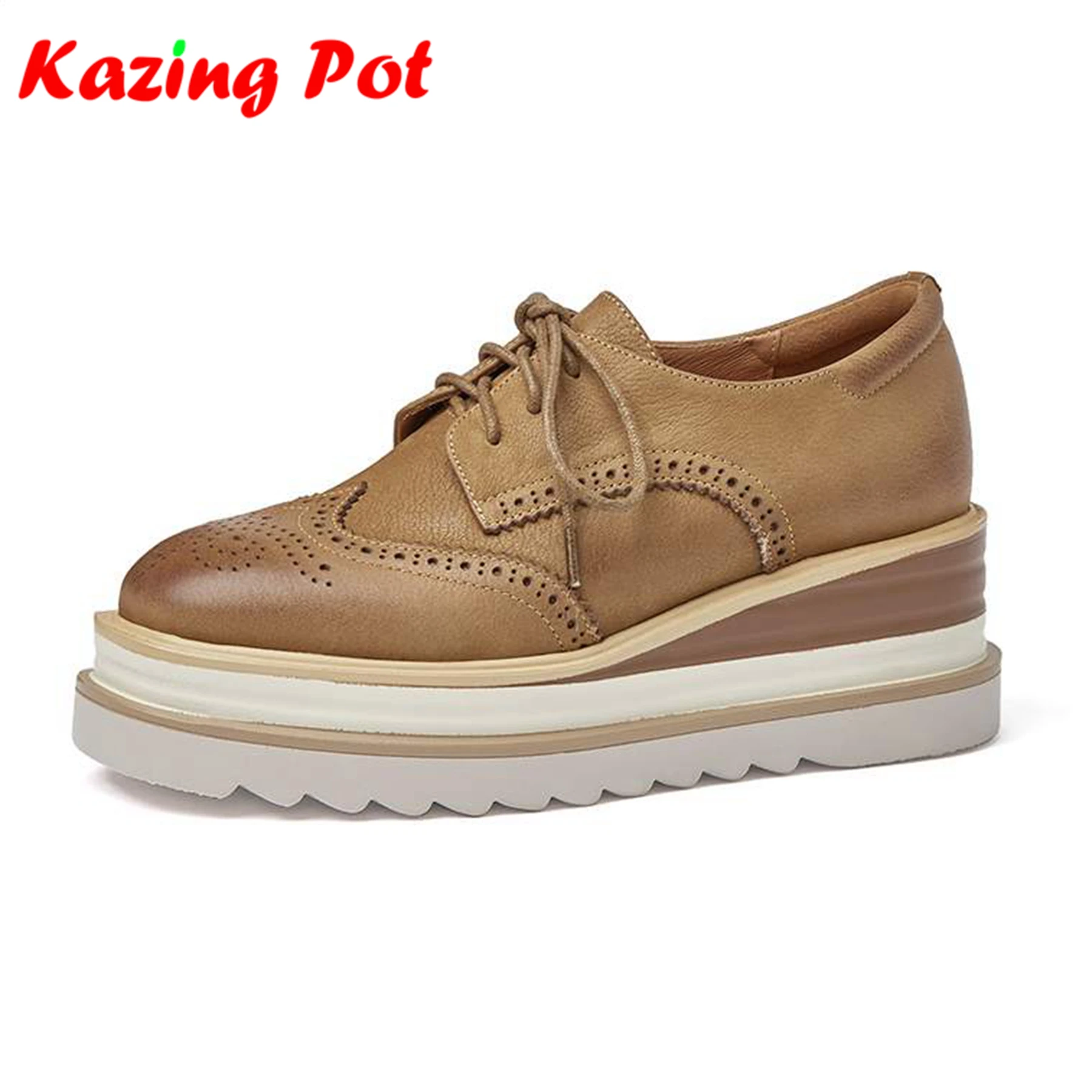 

Krazing Pot Genuine Leather Round Toe Thick Bottom Wedges Platform Classic Carving Decorations Lace Up Leisure Ins Women Pumps