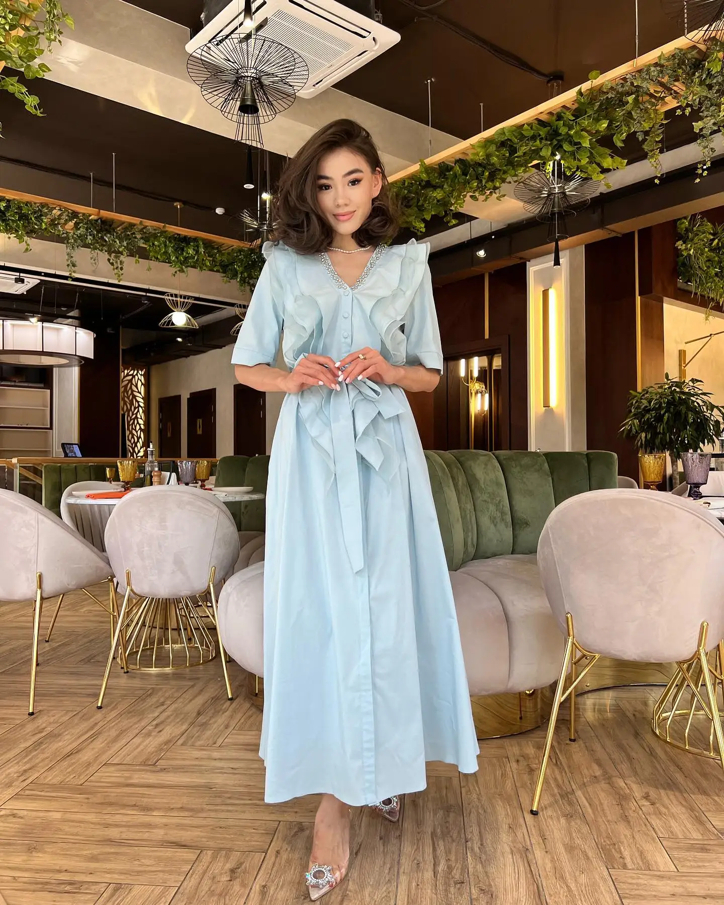 

Customized Delicate Jersey Crystal Ruffles Evening Dresses Graceful Half Sleeves V-Neck Prom Dress Custom Made Party Dress