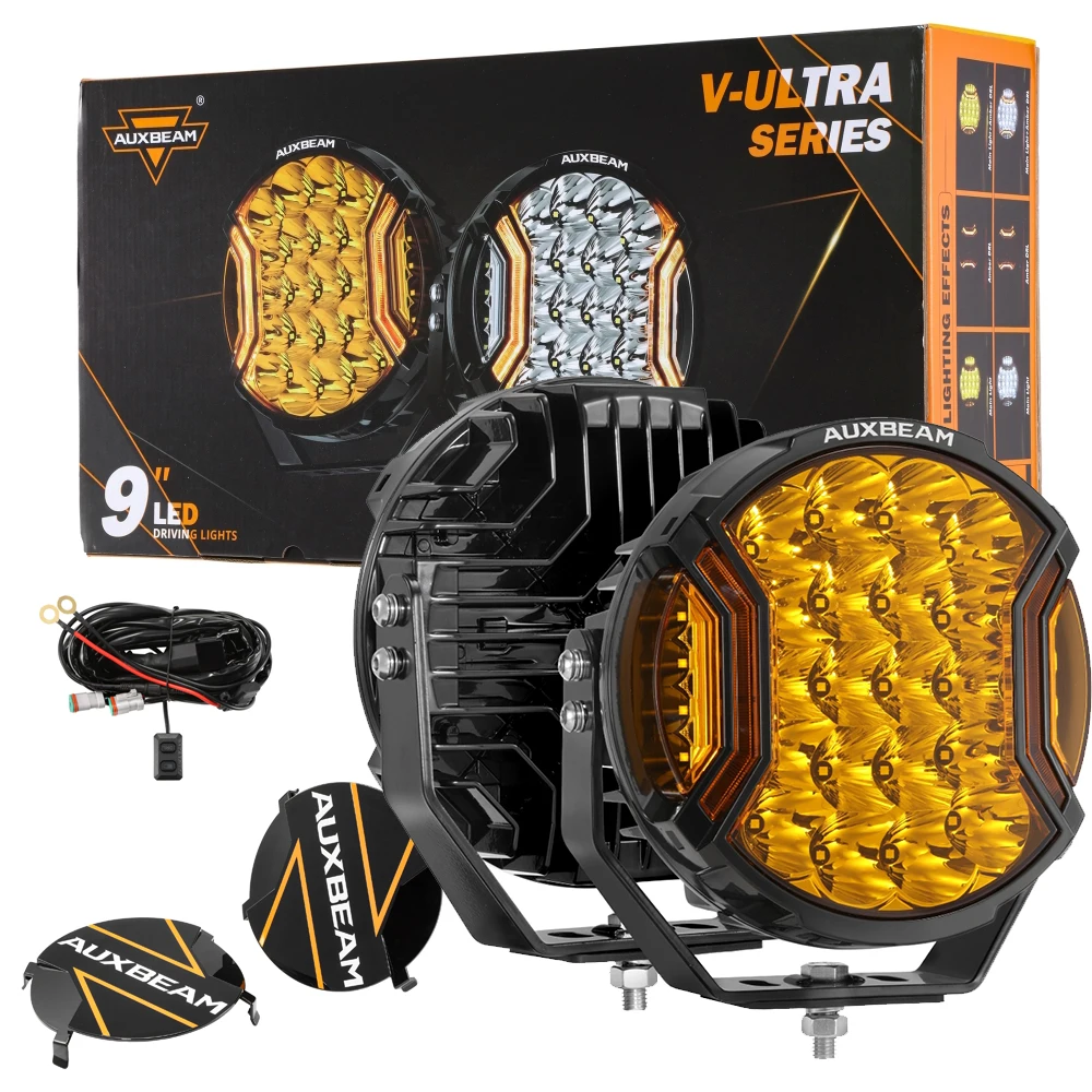 AUXBEAM V-ULTRA SERIES 300W 9 inch LED Driving Light Side Shooter with Amber DRL 3000K / 6500K White / Amber with Black Cover