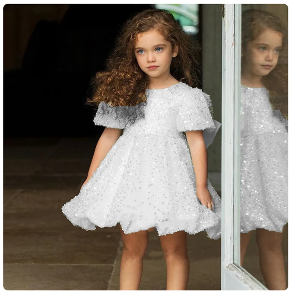 White short sleeves are cute Flower Girl Dresses Sequined Princess  Wedding Party Gowns Spring-summer Gown