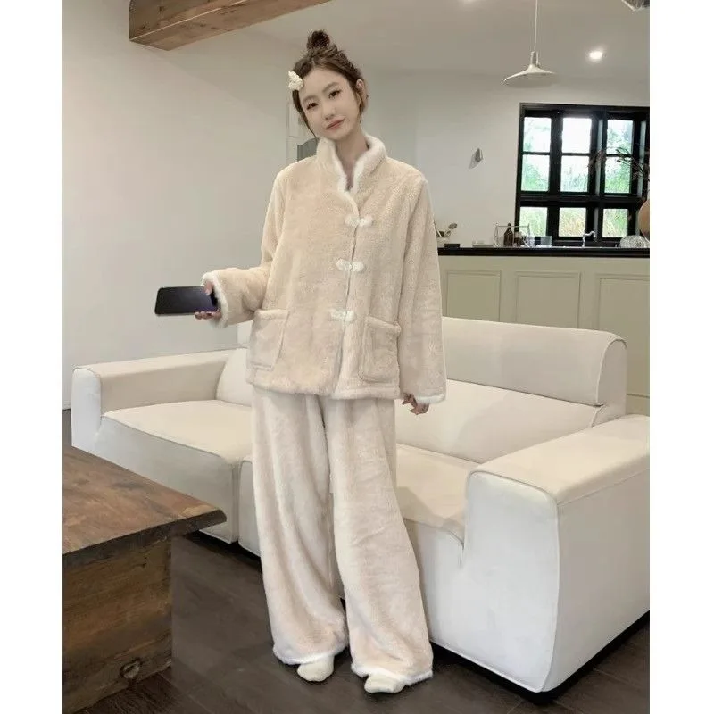 Neo-chinese Style Pajamas Women  Autumn and Winter Coral Fleece Extra Fleece and Thick Slouchy Student Loungewear pijamas