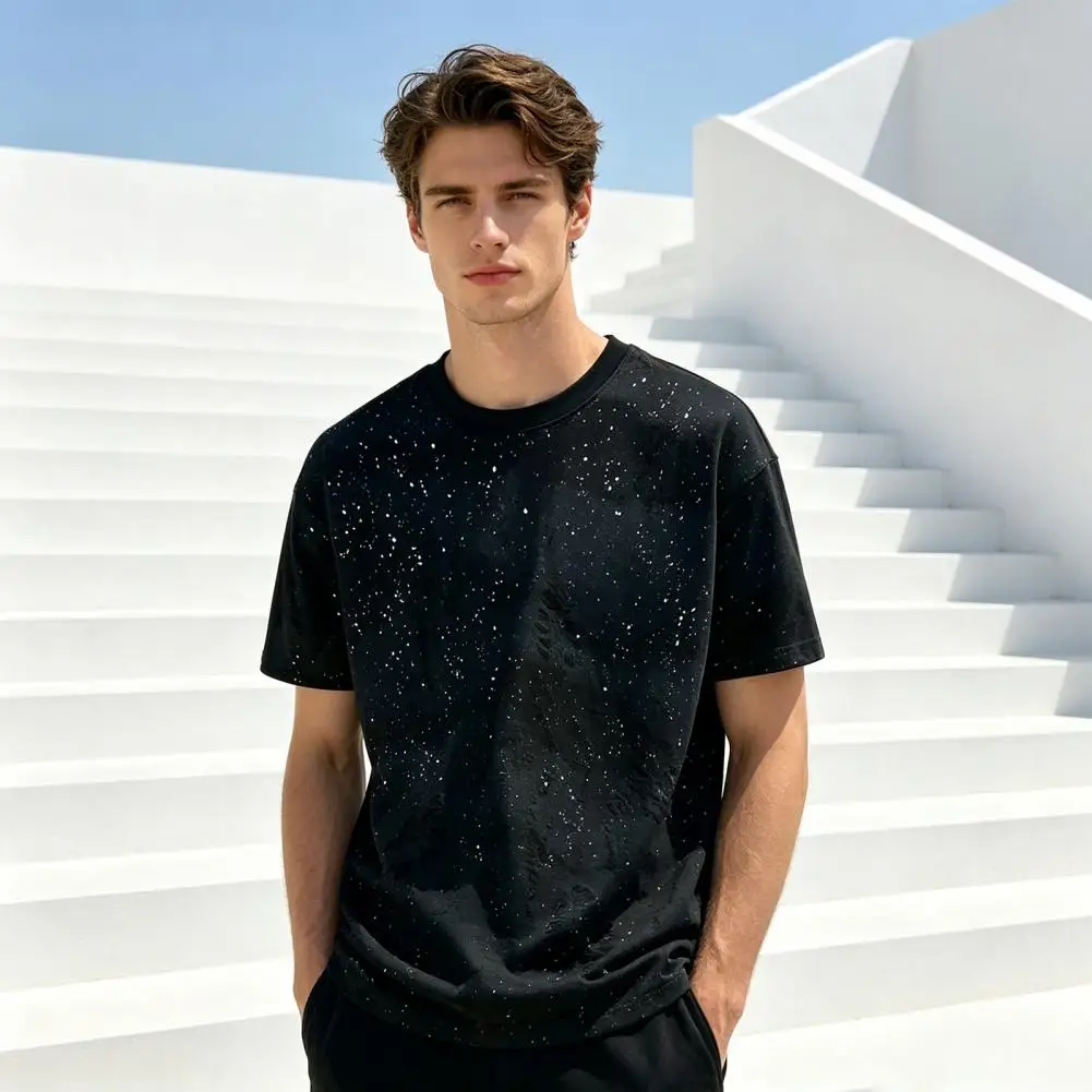 Men Summer Casual Stylish Shabby T-Shirt Breathable  Loose Fit Tee Sparkling Tee Shirt for Party Holiday Street Wear