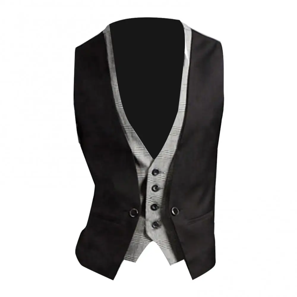 Men Fake Two-pieces V Neck Sleeveless Button Pocket Slim Waistcoat Jacket