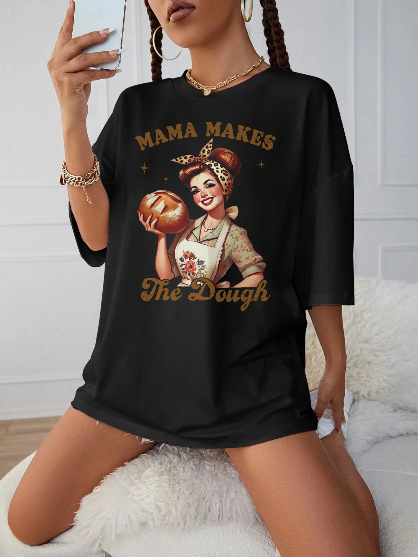 

Mama Makes The Dough Black Round Neck Maternity T-Shirt Loose Fit Trendy and Comfortable for Late Pregnancy