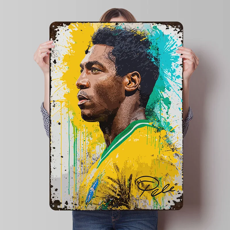 Pelé Portrait With Paint Splatter Metal Poster Customized Wall Art Retro Vintage Metal Signs for Man Cave Living Room Decoration