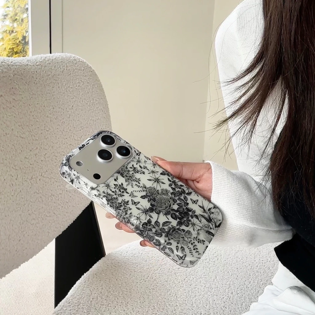 الحد الأدنى الفن أسود أبيض طلاء حبر خط الزهور للصدمات واقية غطاء الهاتف القضية آيفون 17 16 15 14 برو ماكس