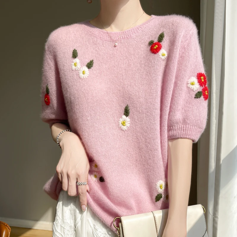 Hot selling new women's O-neck cashmere short sleeved sweater in summer high-end knitted women's pullover thin sweater T-shirt