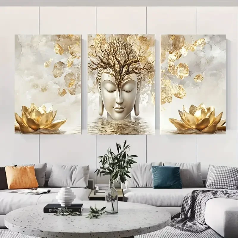 Zen Oasis 3pcs Wall Art Set - Modern Buddha & For Lotus Flower Canvas Prints for Serene Living Room Decor, Frameless Spiritual P