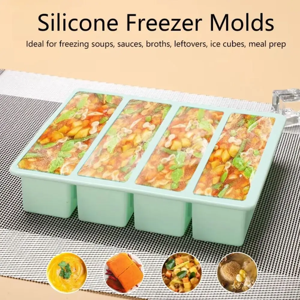 Durable 4 Grids Food Freezing Molds Silicone with Lid Ice Mold Reusable Extra Large Freezer Trays