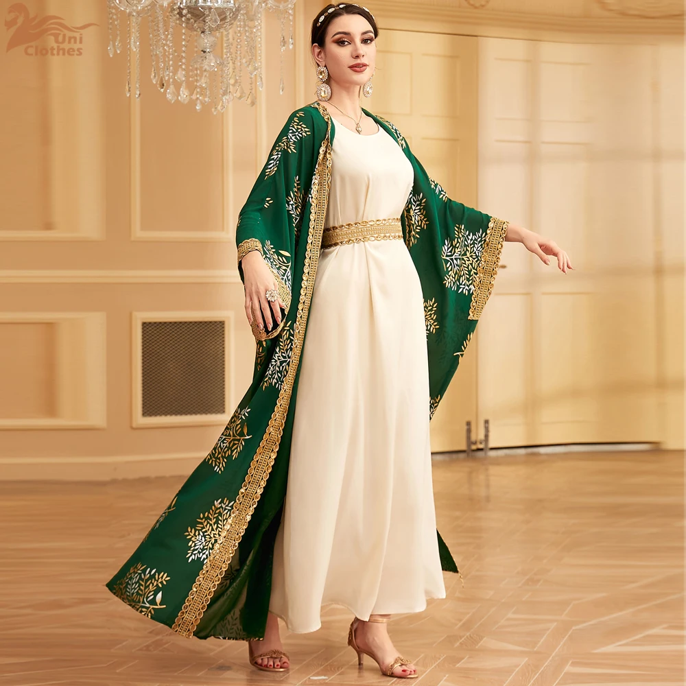 Uni Dubai Gold Stamping Abaya Set due pezzi con cintura per donna musulmana manica a pipistrello lusso sciolto marocchino caftano saudita