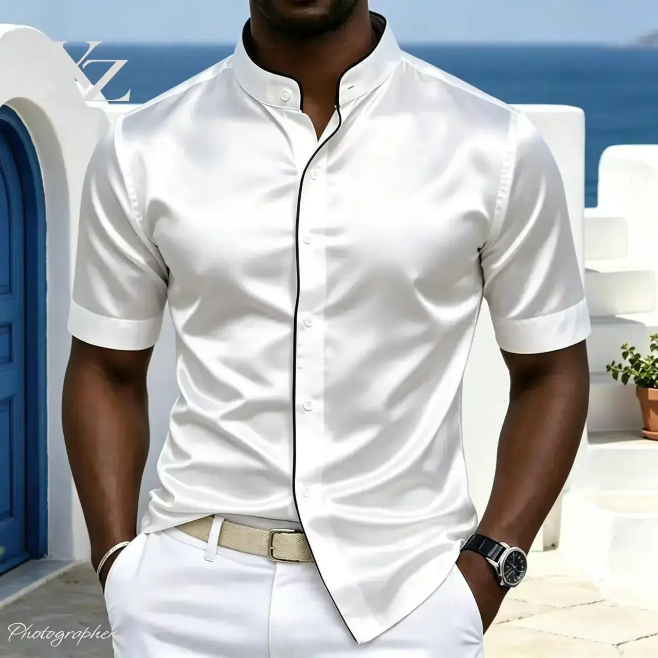 Premium Men's Short Sleeve Satin Mandarin Collar Button Down Dress Shirt with Contrast Piping for Wedding Business Party
