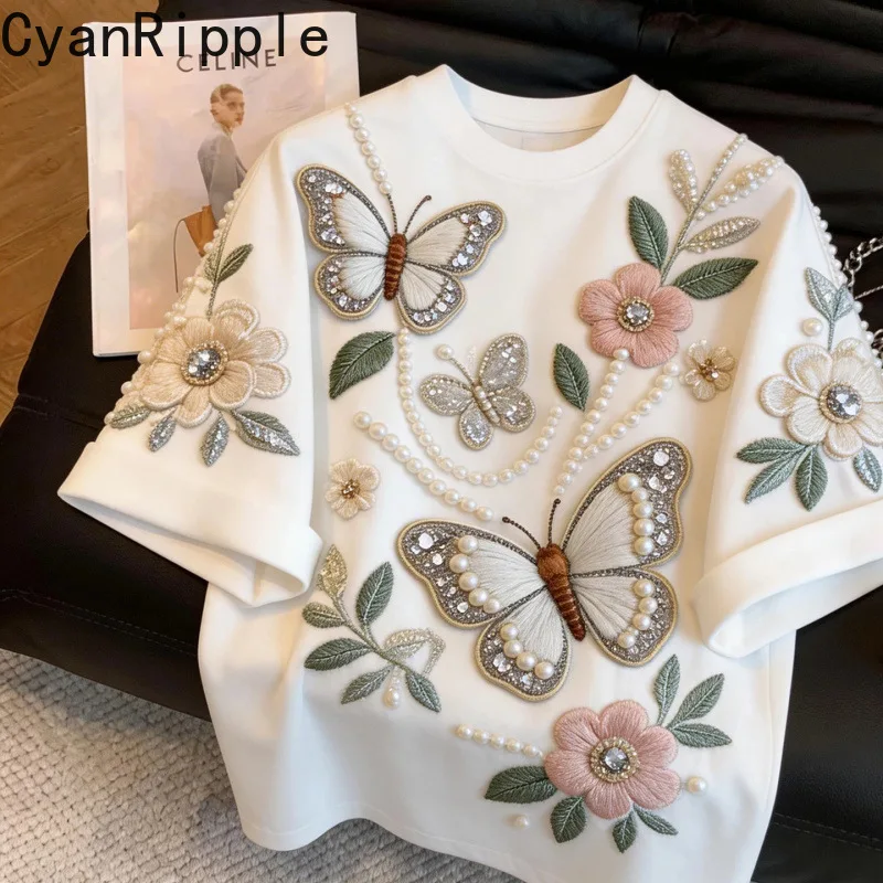 2026 New Spring Summer Loose Women T-shirt Elegant Round Neck Casual Pullover Top Luxury Butterfly Beading Loose Basic Tees