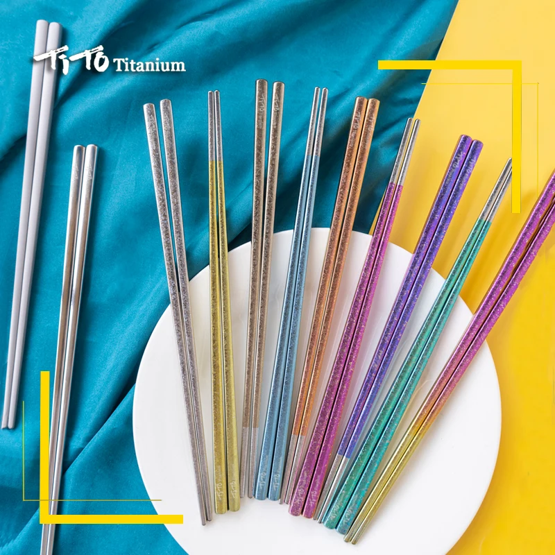 TiTo 1 Pairs Chinese Metal Squre Chopsticks Household Outdoor Camping Tableware Reusable Korean Titanium Chopsticks