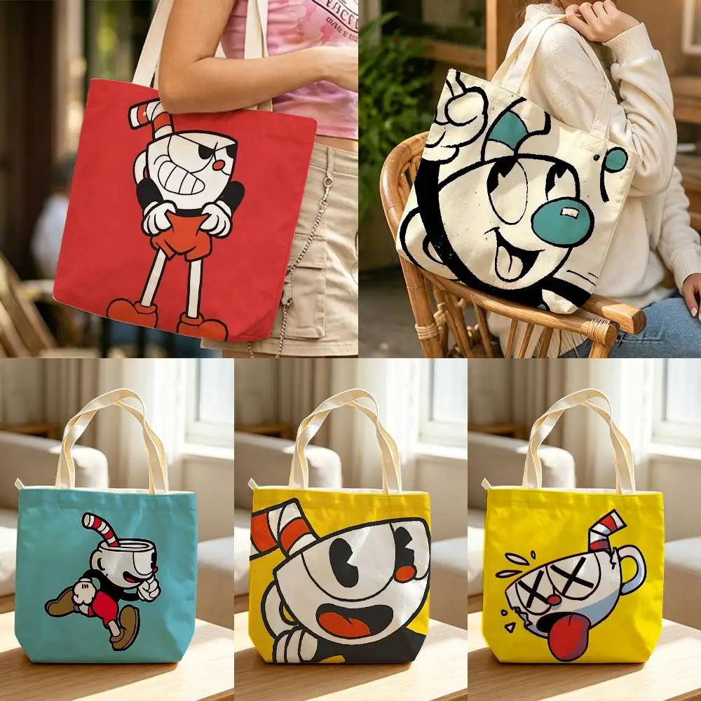 Cute Mug-man Game C-Cup-head Waterproof Lined Canvas bags suitable for going to class, shopping, gifts, and commuting